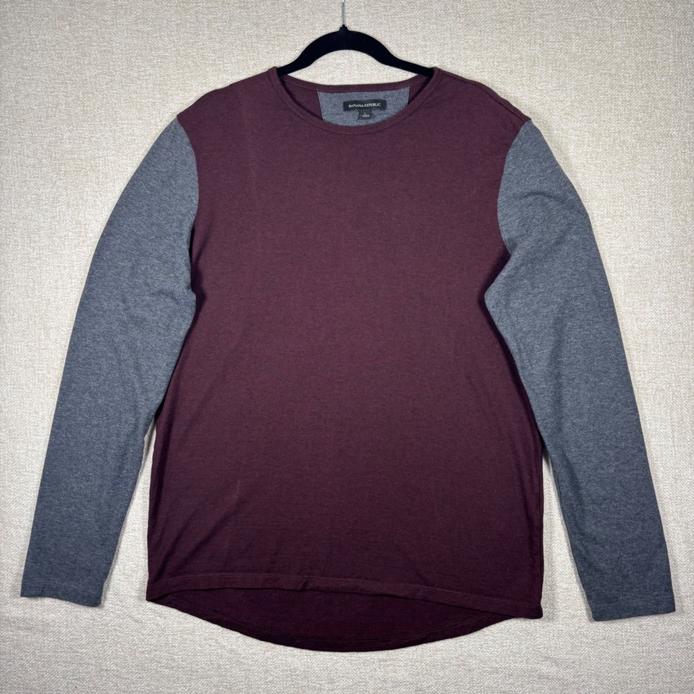 Banana Republic Mens Cotton Wool Colorblock Sweater Burgundy Gray Long Sleeve L